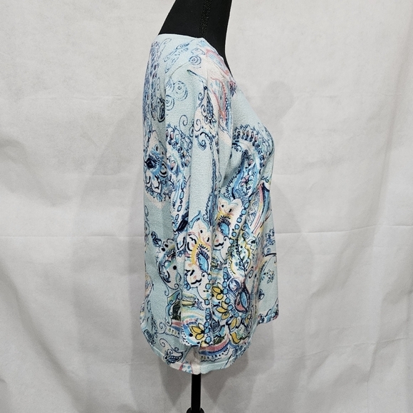 Chico's Paisley Blue Yellow Square Neck Top 72% Rayon 28% Nylon Sz 0 or S - Picture 3 of 7